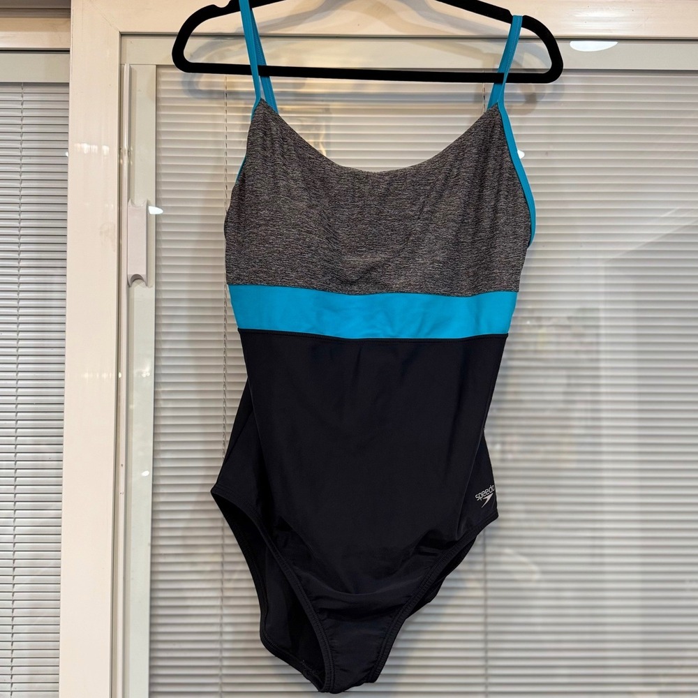 Speedo Womens‎ One Piece Swimsuit Colorblock Black Grey Blue Size 16 7722011